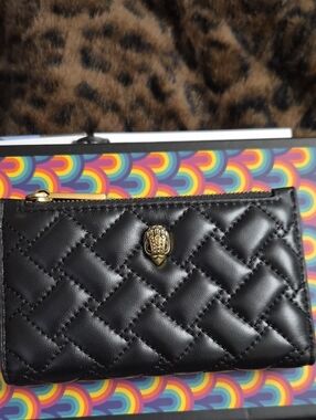NWOT Kurt Geiger Black Quilted Leather Zip Card Pouch with Gold Accent